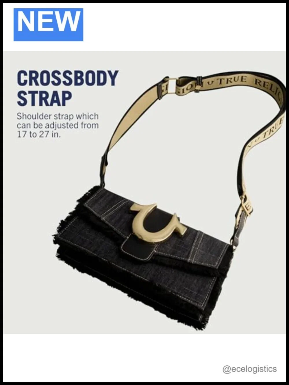 Crossbody Bag with Frayed Denim and Gold Hardware, Adjustable Strap, Magnetic